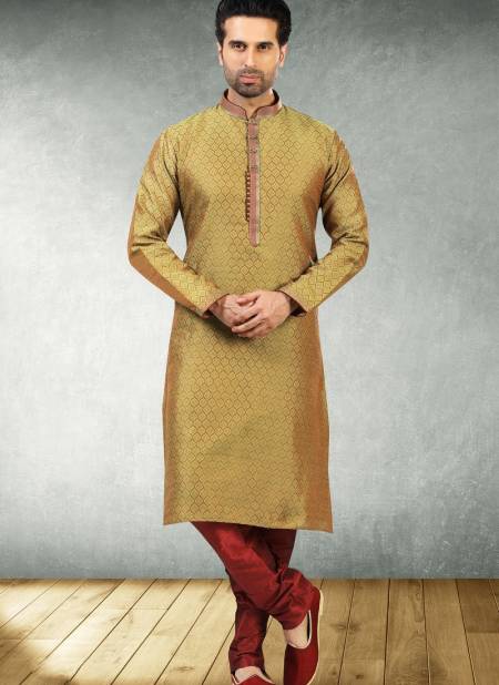 Beige Colour New Design Jacquard Silk Brocade Festive Wear Latest Kurta Pajama Mens Collection 1219-1013